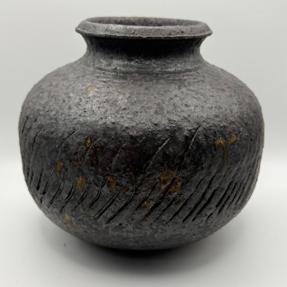 Handcrafted Artisan Signed Textured Black Vase With Carved Decorative Markings